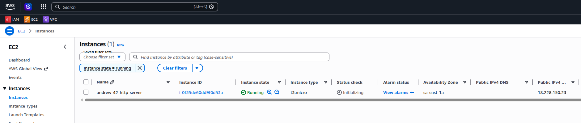 EC2 em execução no painel da AWS